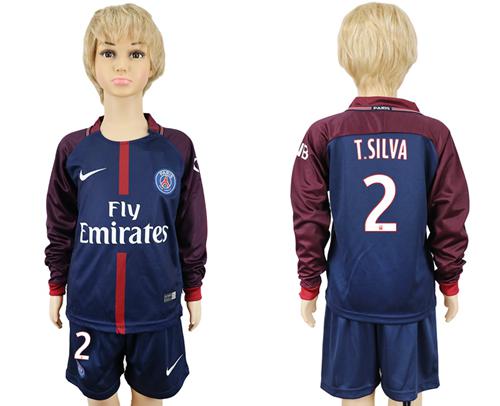 Paris Saint-Germain #2 T.Silva Home Long Sleeves Kid Soccer Club Jersey - Click Image to Close